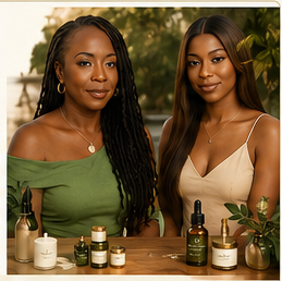 Founders Maxine and Chelsea behind a table of SoulCentements products in warm daylight