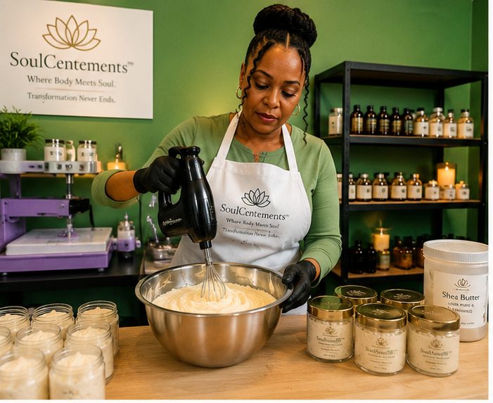 Co-Founder Chelsea Goring hand-whipping a small batch of SoulSoufflé™ in the SoulCentements studio