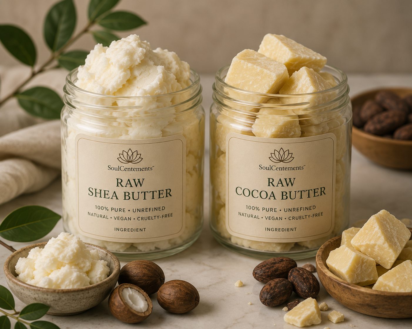 Two SoulCentements™ jars of raw shea butter and raw cocoa butter — 100% pure, unrefined, natural, vegan, cruelty-free ingredients