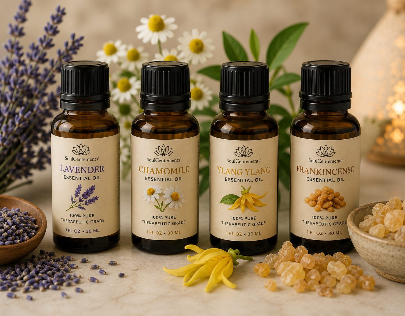 Lavender, chamomile, ylang ylang, and frankincense essential oils with fresh botanicals